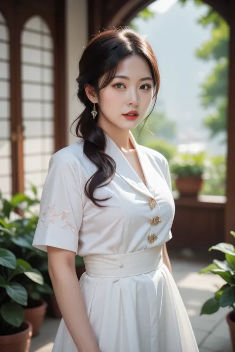 1 woman,Alone, Korea Joseon Dynasty Neat Hairstyle,Tailor-made stylish hanbok , realistic,lips,parted lips, cowboy shot ,afternoon, blurry background ,Zitome,Exquisite Korean Joseon Dynasty Background ,