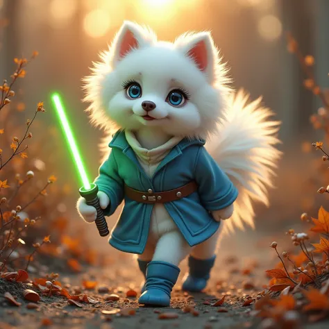  A white Pomeranian dog with a female humanoid body .  with blue eyes , and big eyelashes .  With long white hair.  She wears cyan and blue Jedi tunics . She wears blue boots .  In her right hand she holds a single-leaf light blade of green.  She is walkin...