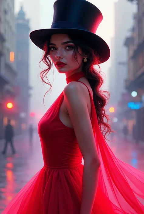  A surprising portrait of a woman who exudes confidence and charm ,  standing in front of an abstract and dreamlike background .  She wears an elegant black top hat ,  whose edges capture subtle reflections of neon in vibrant pinks and blues ,  creating a ...