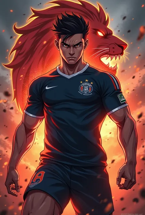  create a muscular soccer player, Look like a 17-year-old , Blue Lock style, With an evil face and an aura of a lion in the background, improve