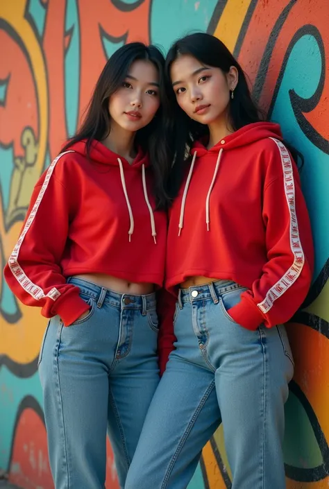 a full body picture of  two beautiful Asian young woman,, wearing red hoodie  and blue jeans, and orange high cut converse shoes. back ground is wall with writing SANDRA, colorful, vibrant, ((Masterpiece, Top Quality, High Resolution, Photorealistic, Raw, ...