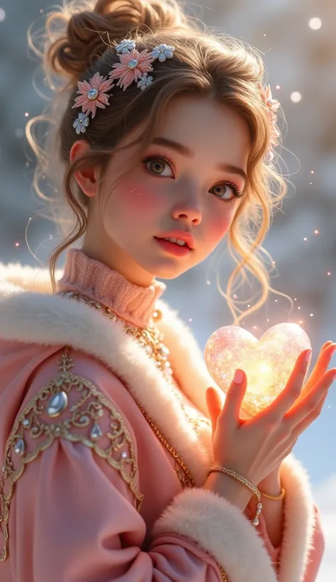 “A 20s female love-themed spiritual goddess with an enchanting, fairy-like appearance. She has an adorable, divine, and ethereal look with a soft, dreamlike expression. The character is facing forward in a bust shot, with slightly illustrative features rat...