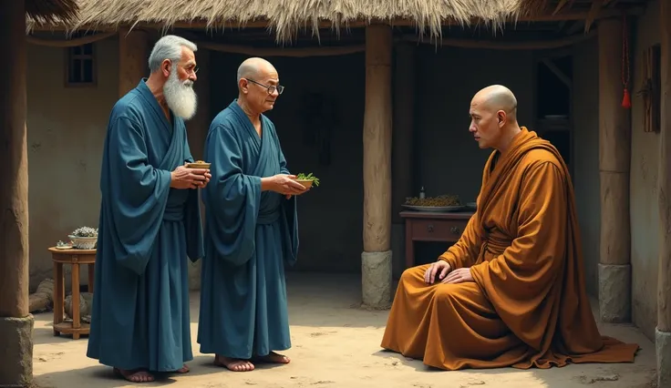 A couple in blue robes offering alms to a Buddhist monk in brown robes sitting inside a poor house.