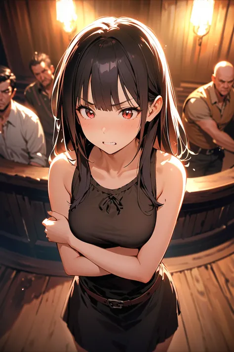 1 girl, (frustrated face), young adult, long straight hair, (exasperated expression:1.3), large breasts, slender, (wearing a stylish tavern outfit), above knee-length, (crossed arms),  
   BREAK  
   in a bustling adventurer guild tavern, (yelling at a riv...