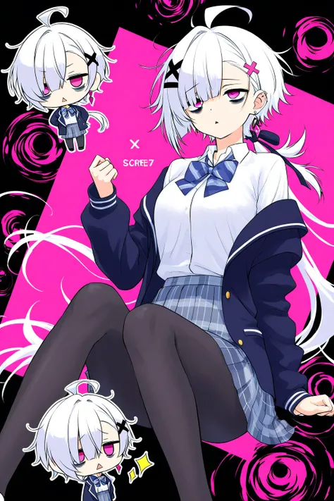  high image quality
 1 high school chibi、  Pink Eyes、White Hair、 shortcut,   low ponytail 、   earrings for one woman,  Ahoge,   asymmetrical bangs ,  x-shaped hair ornament,   dark circles under eyes、 Black Pantyhose 、vigil、The background is white、front、Me...