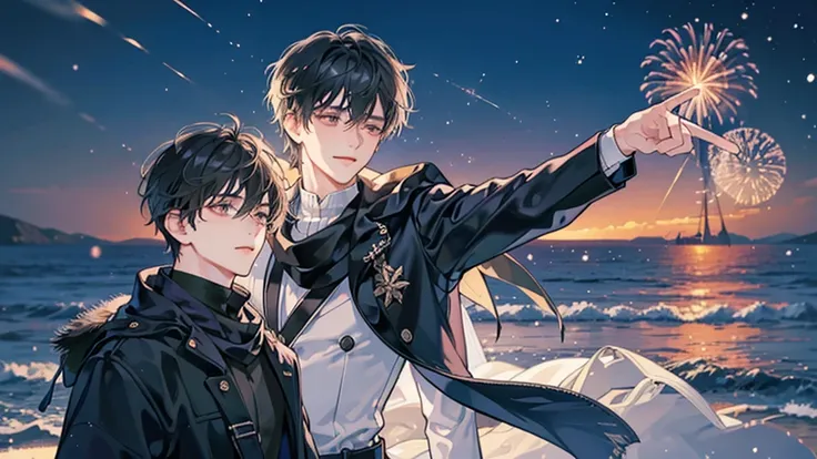 Highest quality, masterpiece, one 20-years-old-boy who stands on a winter beach at night, gazing up at many dazzling fireworks display in the night sky, handsome, black hair, bangs covering the forehead, gray eyes, short hair, detailed depiction of the eye...