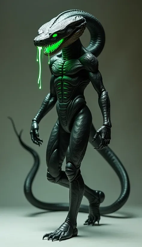 A humanoid cobra figure walking forward with an intimidating stance, its hood flared wide, glowing venom dripping from its fangs. The body is sleek, blackened scales shimmer with green highlights, and its long tail trails behind, creating a sense of moveme...