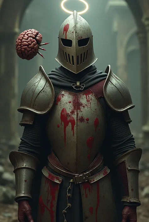 a knight, With crumpled helmet ,  eye holes leaking blood , using a cloak,  aurélia around the head at the level of the mouth , Wearing a Plain Mask,  with a necklace of teeth ,  with holes of the same size all over the chest and in the legs,  with the bra...