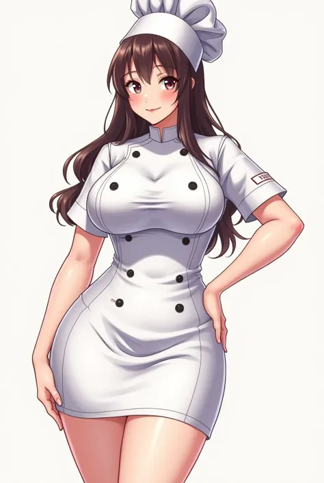  Anime girl with exaggeratedly big boobs, enviable curves and with a tight chefs suit