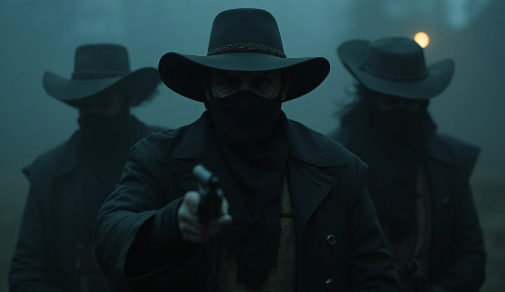 A grim trio of cowboys with revolvers. their faces are covered with black cloth masks covering the lower part of their faces. They are wearing black raincoats, black hats. Horror Thick fog. gloomy lighting. Night