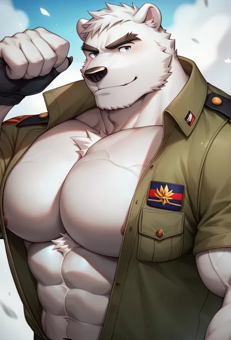 (Best quality),(materpiece), (Bara), (furry), ((Muscular big polar bear with huge pecs)), in army Uniform, (sexy), handsome, (portrait), (anime style),(veiny arm),(strong and mighty, powerful figure), (epic)