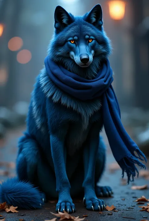 A furry wolf with a blue and black color palette of suit and striking scarf, elegant and agile 