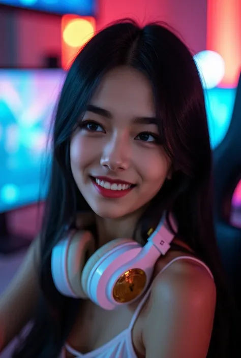 30yo Asian girl, sexy, seductive, straight black hair, pretty, dress, portrait, gaming, smile, white and gold headphones around the neck, esports, gaming, girl gamer, esports room, smiling, bubbly, bright room