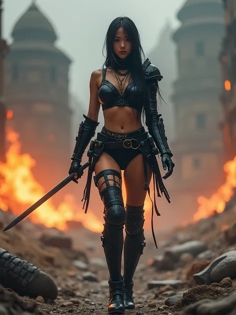 Prompt:  sexy YOUNG slim Japanese woman killer cyborg cyberpunk ninja warrior, black gothic armoured  bikini attire, medieval weapon in hand, front facing camera, burning spaceship landing, fire, rain, explosion, epic large battlefield, futuristic exoplane...