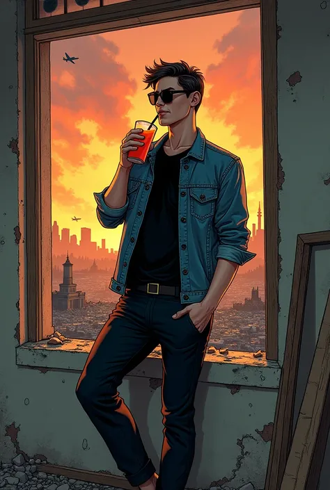 177 cm strature , 60 cm bust , 56 waist , 50 kg weight young white Man chill laying in his ruins modern house wearing black tshirt and black jeans jacket and classy trousers, drinking juice using straw and wearing sunglasses smiling , in room 
Window shows...