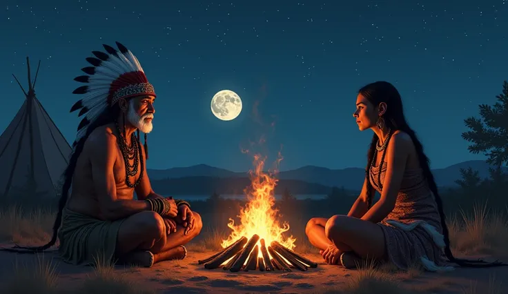 An American pagé and an Indian woman sitting around a large bonfire at night with a low big moon and a tent