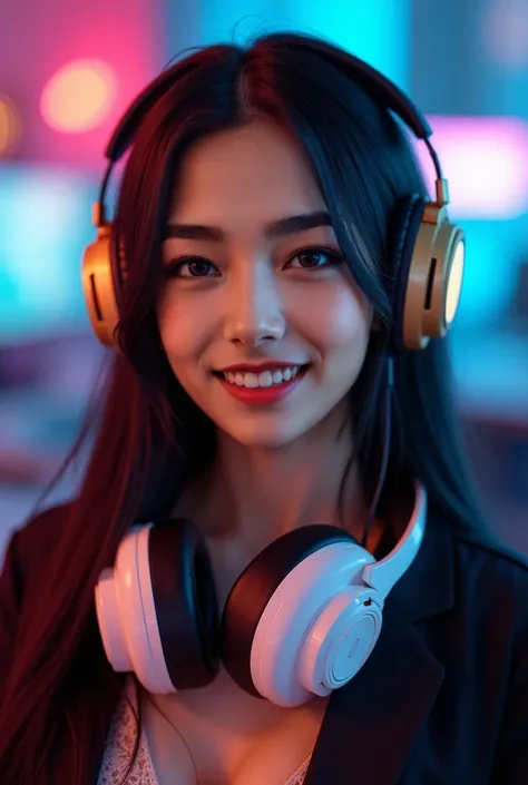 30yo Asian girl, sexy, seductive, straight black hair, pretty, dress, portrait, gaming, smile, white and gold headphones around the neck, esports, gaming, girl gamer, esports room, smiling, bubbly, bright room