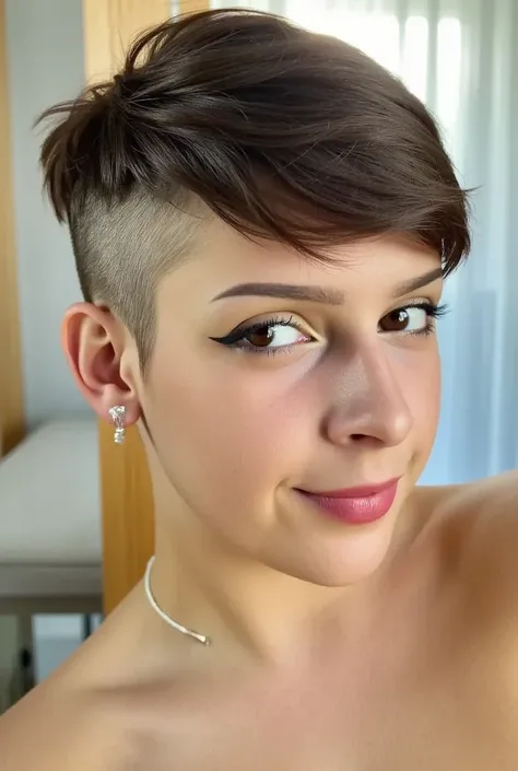 realistic image of a woman with a pixie undercut haircut, (looking at the viewer)
