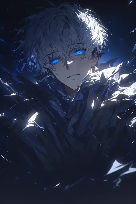 (Alone), (1 male), ( 1 man ),  Handsome Man  , (snyht proportional anatomy ,  blue eyes),  short hair above hands,  Ragged Hair , ((masterpiece)), ( dark background: 1.3), ( short hair ), dynamic angle, (상세한 얼굴, Detailed eyes, proportional hands,  sitting ...
