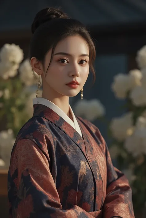 1 woman,Alone, Korea Joseon Dynasty Neat Hairstyle,Tailor-made stylish hanbok , realistic,lips,parted lips, cowboy shot ,night, blurry background ,Zitome,Exquisite Korean Joseon Dynasty Background ,