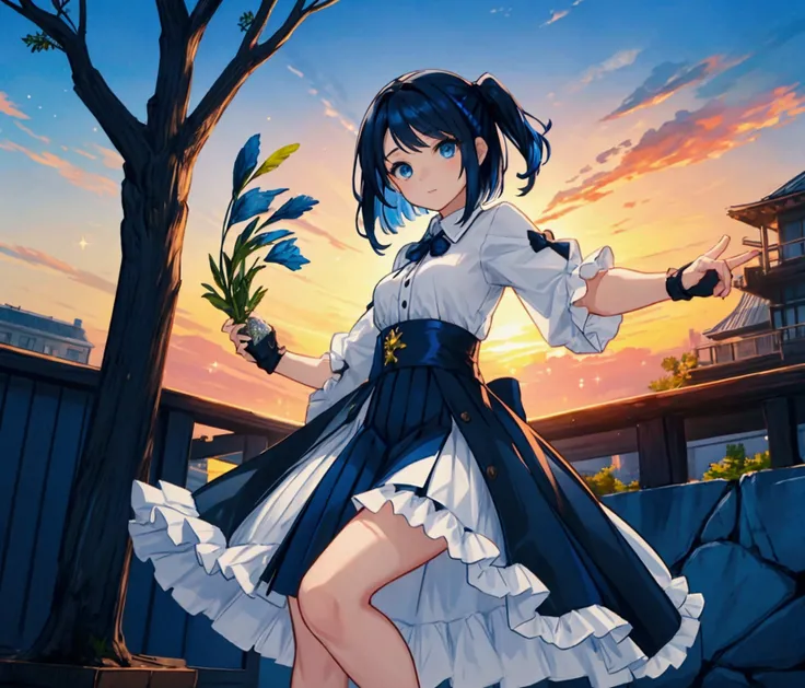 Like a game cover、background（aquarium、Sunset Sky 、Date Scene、blue and black contrast）、 pose（ dynamic ）、 character（Tree Eyes,Sparkling blue eyes）、Hairstyle（ medium hair ,  black and blue hair、 medium hair ,）、clothing（  White and Light Blue Ruffled Dress）、sc...