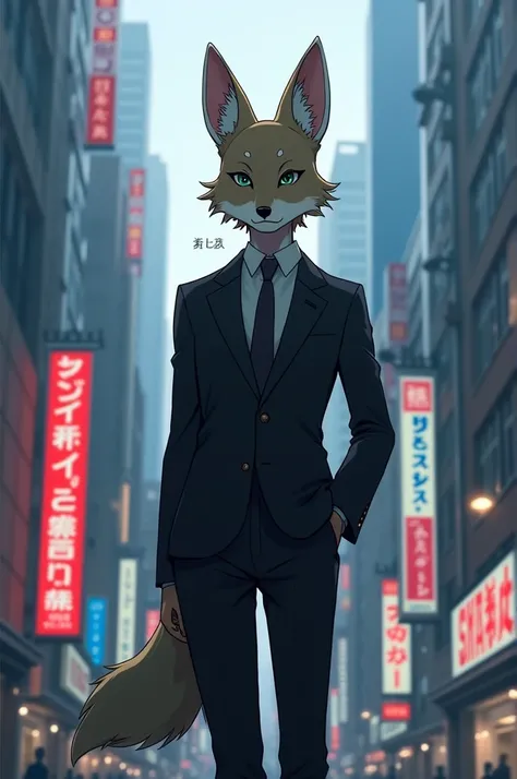 (anime drawing) (human)  with coyote ears and a sharks tail on the butt wearing a black suit (Background of the city of Tokyo Japan )