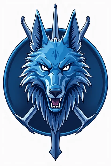 Generate an image like a badge of a somewhat abstract wolf in a protective position, that has weapons, remember that the symbol must represent warriors and everything within a circle, in the style of game of thrones, in royal blue.