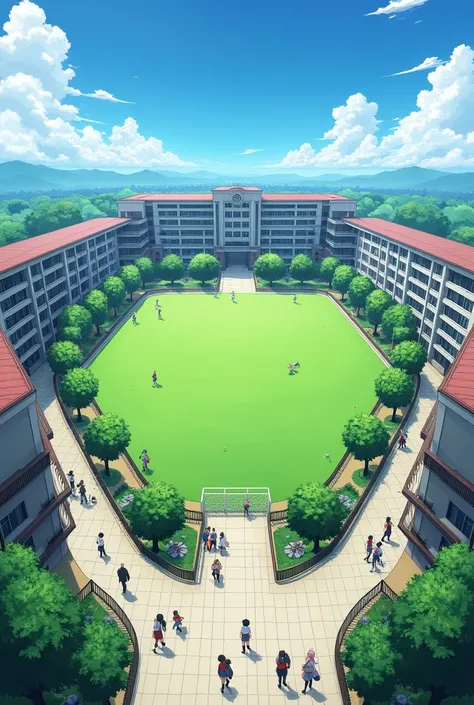 (Anime, detailed, wallpaper) Huge U shaped high school with a field in the middle of the school