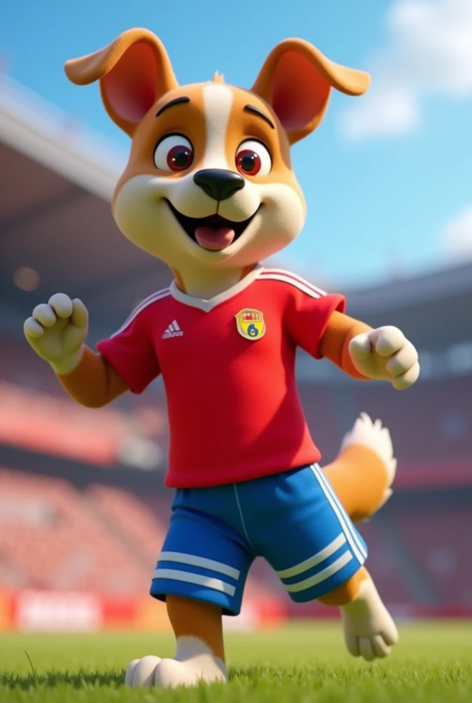  Dog in red soccer uniform, blue pants, with horizontal white lines , animated 3D 