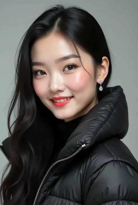 Beautiful Chinese Woman 、 black hair、 Hairstyle shortcuts、、、Ear piercing、黒い down jacket、smile、 beautiful alignment of teeth、 trainer、 upper body、 Neutral Backgrounds 、 frontal angle
