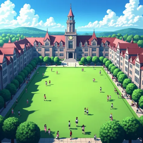 (Anime, detailed, wallpaper) super Huge U shaped high school with a field in the middle of the school