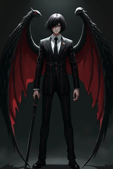 Man with short, medium hair, black hair, black left eye, red right eye, cursed on his cheek, wearing a killer suit, left hand holding a sword, dragon wings, anime stripes, black background