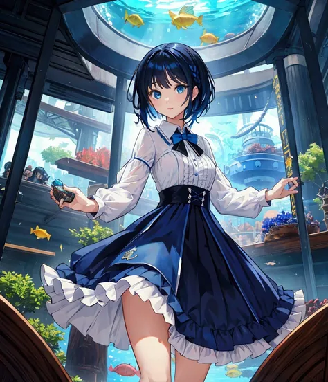 
Like a game cover、background（aquarium、amusement park、Date Scene、blue and black contrast）、 pose（ dynamic ）、 character（Tree Eyes,Sparkling blue eyes）、Hairstyle（ medium hair ,  black and blue hair、 medium hair ,）、clothing（  White and Light Blue Ruffled Dress...