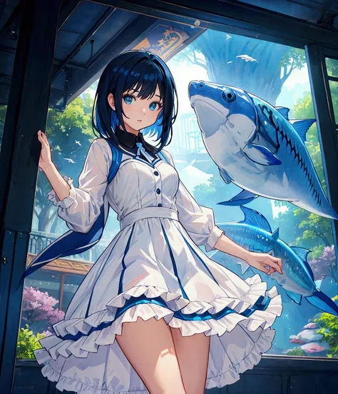 
Like a game cover、background（aquarium、amusement park、Date Scene、blue and black contrast）、 pose（ dynamic ）、 character（Tree Eyes,Sparkling blue eyes）、Hairstyle（ medium hair ,  black and blue hair、 medium hair ,）、clothing（  White and Light Blue Ruffled Dress...