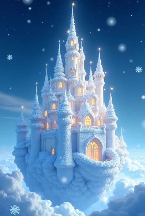  dazzling 、It is an illustration of a spectacular white castle drawn with great detail 、 everything is composed of delicate pastel blue roses 、 floating softly in the soft night sky 。Starry sky and snowflakes drift slowly around、 drawn in exquisite ultra-h...