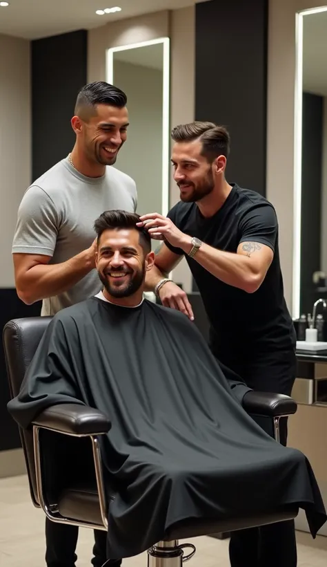 "Cristiano Ronaldo, the legendary footballer, is in a stylish and modern salon, dressed in casual yet fashionable attire, cutting the hair of Lionel Messi, another iconic footballer. Messi is seated in a professional salon chair, wearing a salon cape, smil...