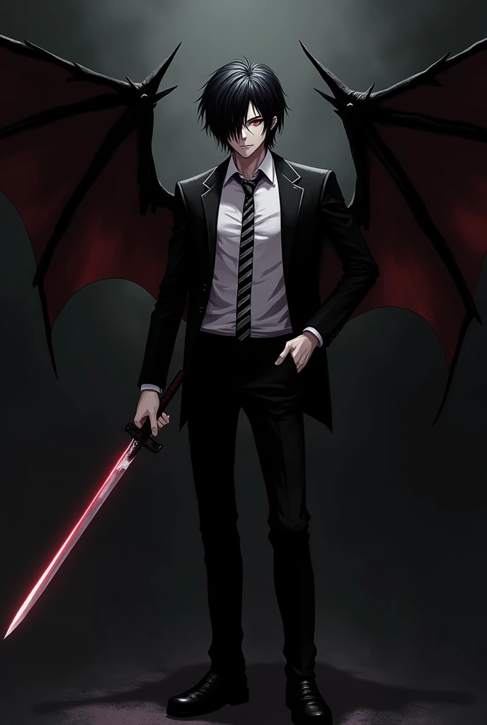 Man with short, medium hair, black hair, black left eye, red right eye, cursed on his cheek, wearing a killer suit, left hand holding a sword, dragon wings, anime stripes, black background