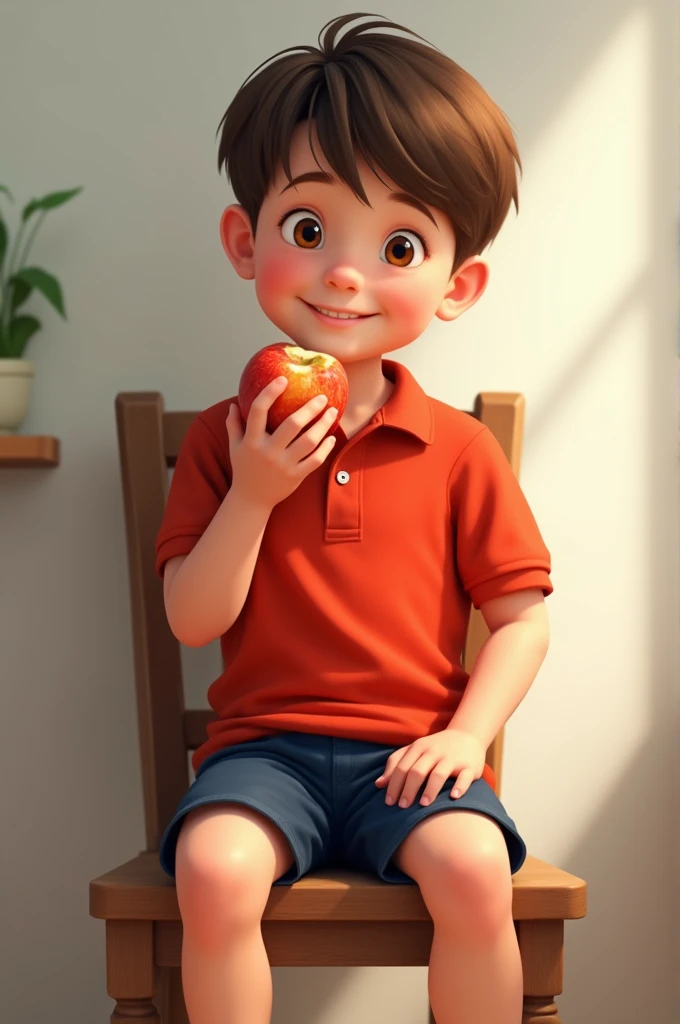 Generate an image of a real person sitting on a chair eating an apple that is a young boy wearing a red polo shirt and blue shorts 
