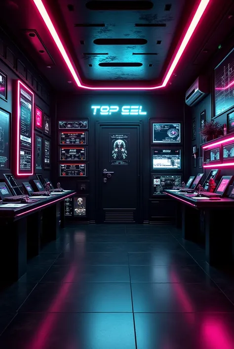 A black room with technology with ninja-style details and colored neon LEDs on the backdrops and just above a sign with the name TOP CEL in a futuristic style