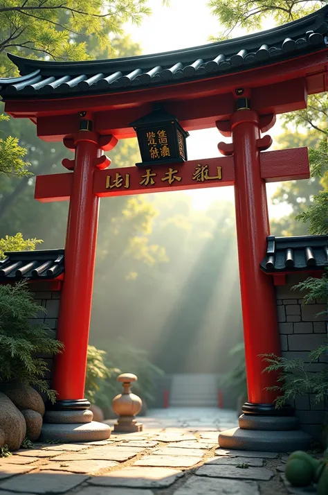 Japanese red Sun Gate with Japanese letters meaning jiujitsu 