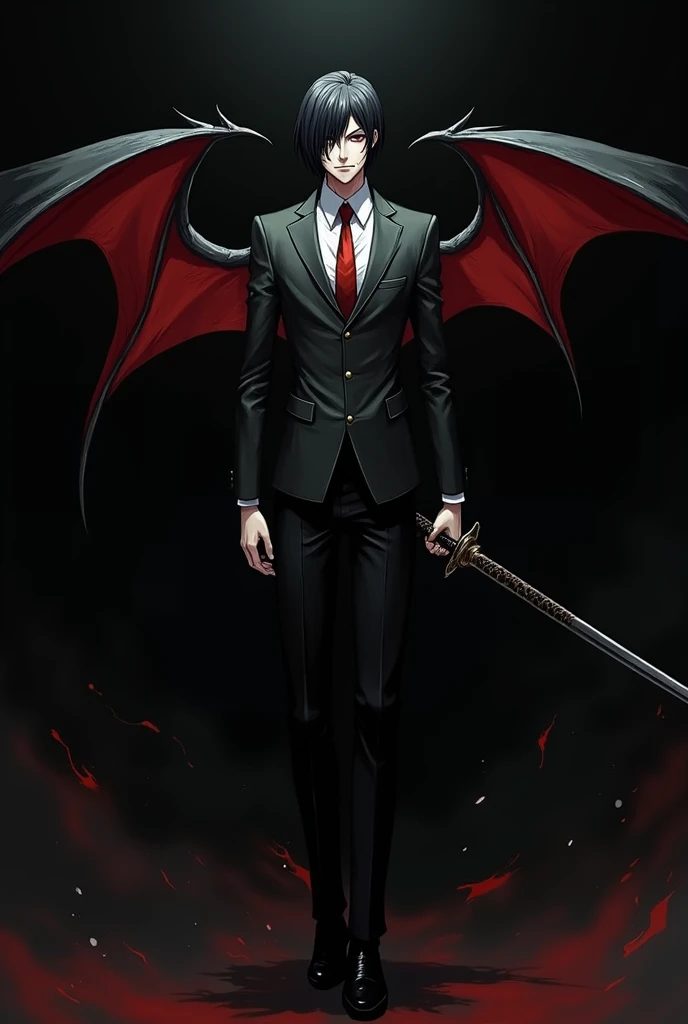 Man with short, medium hair, black hair, black left eye, red right eye, cursed on his cheek, wearing a killer suit, left hand holding a sword, dragon wings, anime stripes, black background