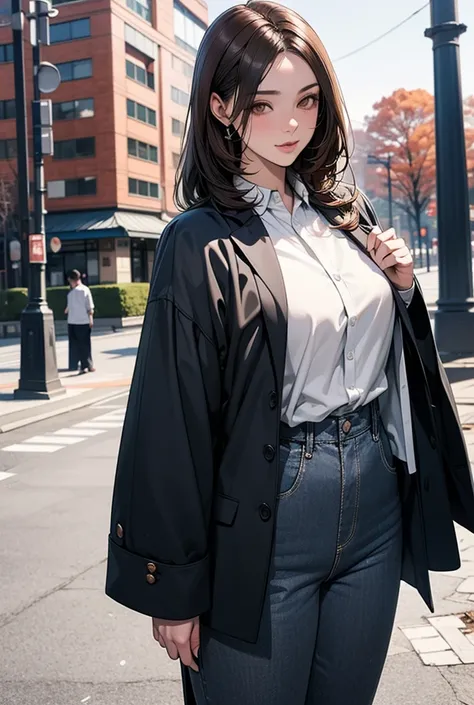 Young, beautiful girl. Brown hair and brown eyes. Light, porcelain skin. Dressed in a black jacket and a white shirt. In the background is a Japanese park. Art in gray tones