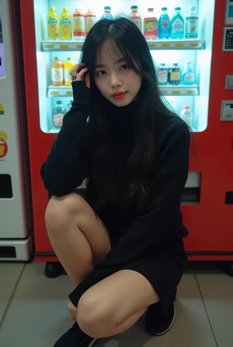 K-pop idol style girl 、 LONG CENTER-PART HAIR 、  Center Split Hairstyle 、Hairstyle for sharing a sweater、The hem of my hair is loosely wavy 、 black hair、Cute girl、 Im wearing a black long sleeve high neck sweater、 Im wearing a black miniskirt 、BLACK NIKE S...