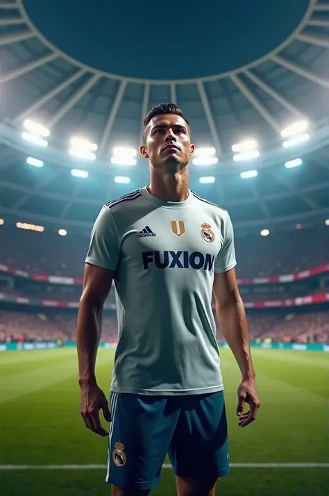 Cristiano Ronaldo wearing a t-shirt with the word Fuxion in the middle of the stadium. Behind him a camera focus the big TV and say FUXION on the tv