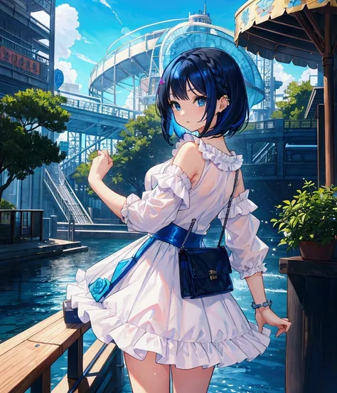 Like a game cover、background（aquarium、amusement park、Modern cityscape、Date Scene、blue and black contrast）、 pose（ looking back）、 character（Tree Eyes,Sparkling blue eyes）、Hairstyle（ medium hair ,  black and blue hair、 medium hair ,）、clothing（ white and light...