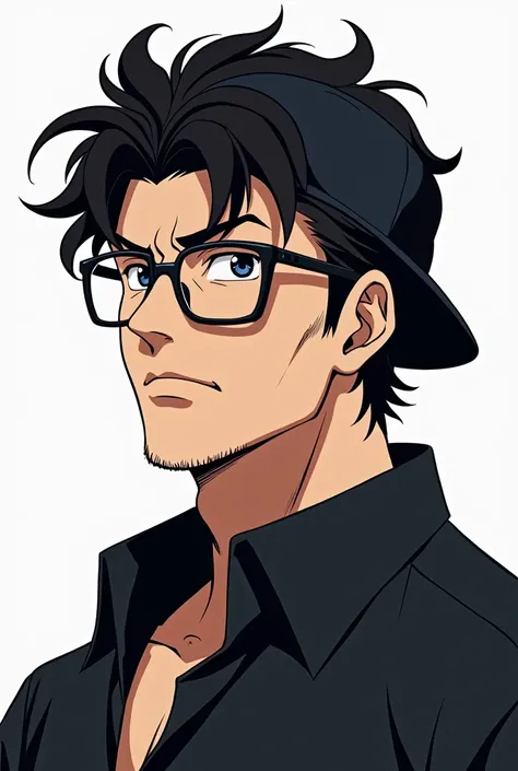  anime-like illustration very masculine,  of a black-haired man , curlers, a back cap ,  square glasses and white background  