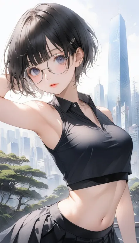 Realistic:1.2, realistic face and eyes:1.3, Realistic skin:1.3, Japanese idol photos, Beautiful young idol, 1, Perfect model body shape., tomboy, (very short hair, pixie cut, Black Hair), circle-glasses, (((Captivating beauty))), big eyes, double eyelid, A...