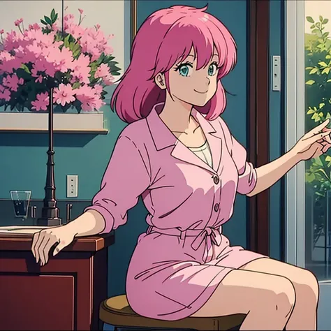  High Quality ,   Masterpiece ,　 pink hair ,  1 girl , smile, smile, 80&#39;s anime vibe, style of Macro,   Im studying 80s anime style,   80s anime art style  , Macro, 1980s anime style
