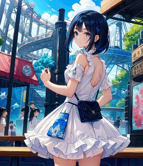 Like a game cover、background（aquarium、amusement park、Modern cityscape、Date Scene、blue and black contrast）、 pose（ looking back）、 character（Tree Eyes,Sparkling blue eyes）、Hairstyle（ medium hair ,  black and blue hair、 medium hair ,）、clothing（ white and light...