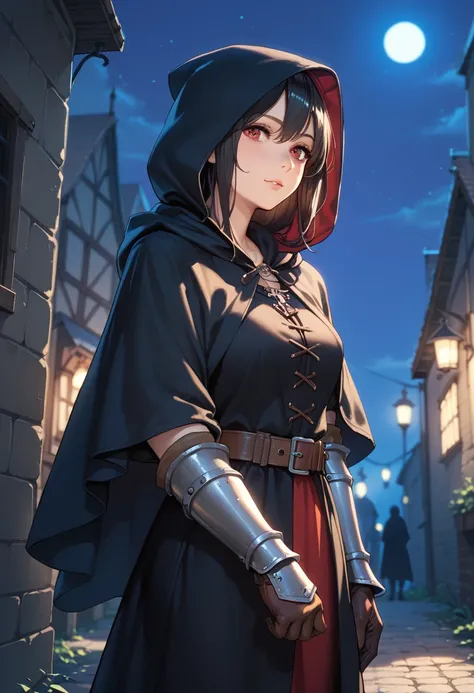 cowboy shot, extremely detailed CG, high resolution, best quality, masterpiece, single woman, bright red eyes, black hair, medieval dark cloak, hooded, dark shirt, dark armguards, dark gloves, covered in shadows, medieval alley, (night: 1.8)